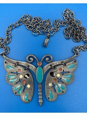Vintage 1970s Celebrity Enamel Butterfly Pendant Necklace